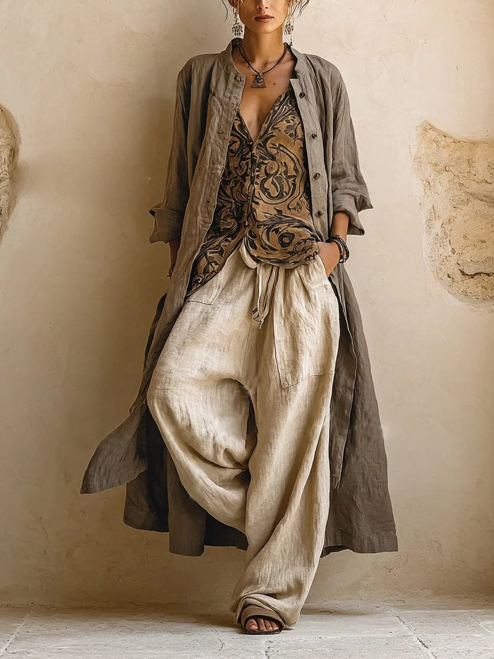 Conjunto Patricia de tres piezas: chaqueta larga, blusa estampada y pantalón ancho de lino