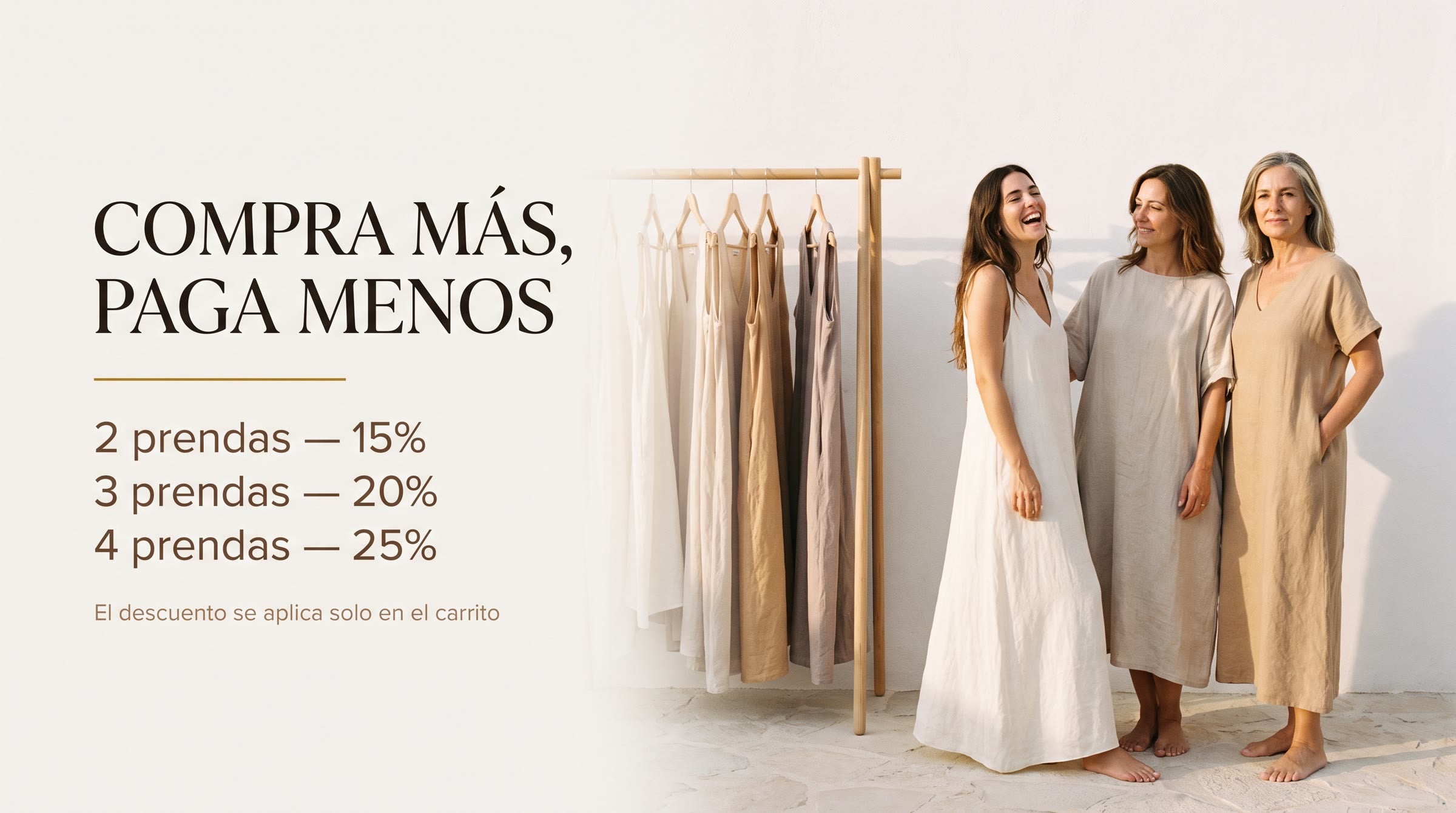 Compra más, paga menos: 2 prendas 15%, 3 prendas 20%, 4 prendas 25%