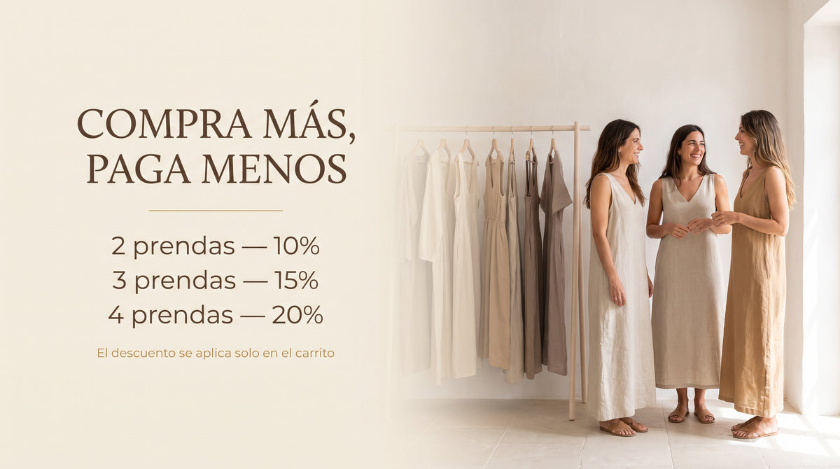 Compra más, paga menos: 2 prendas 10%, 3 prendas 15%, 4 prendas 20%