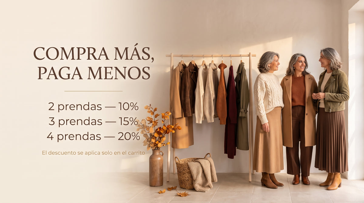 Compra más, paga menos: 2 prendas 10%, 3 prendas 15%, 4 prendas 20%