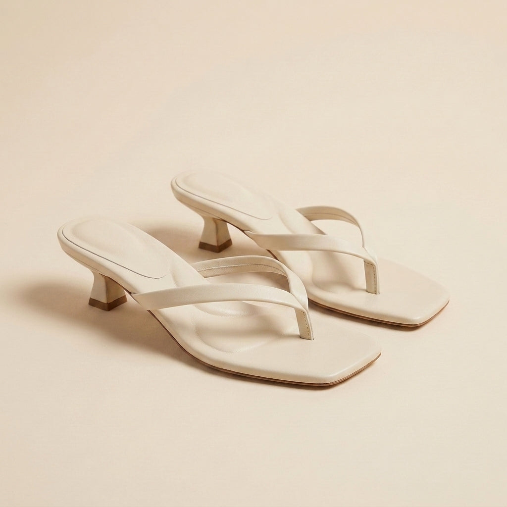 Sandalias de dedo con tacón bajo sobre fondo neutro