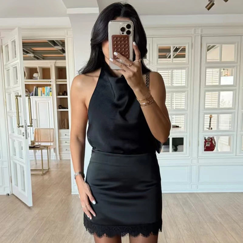 Falda Mini de Raso con Encaje