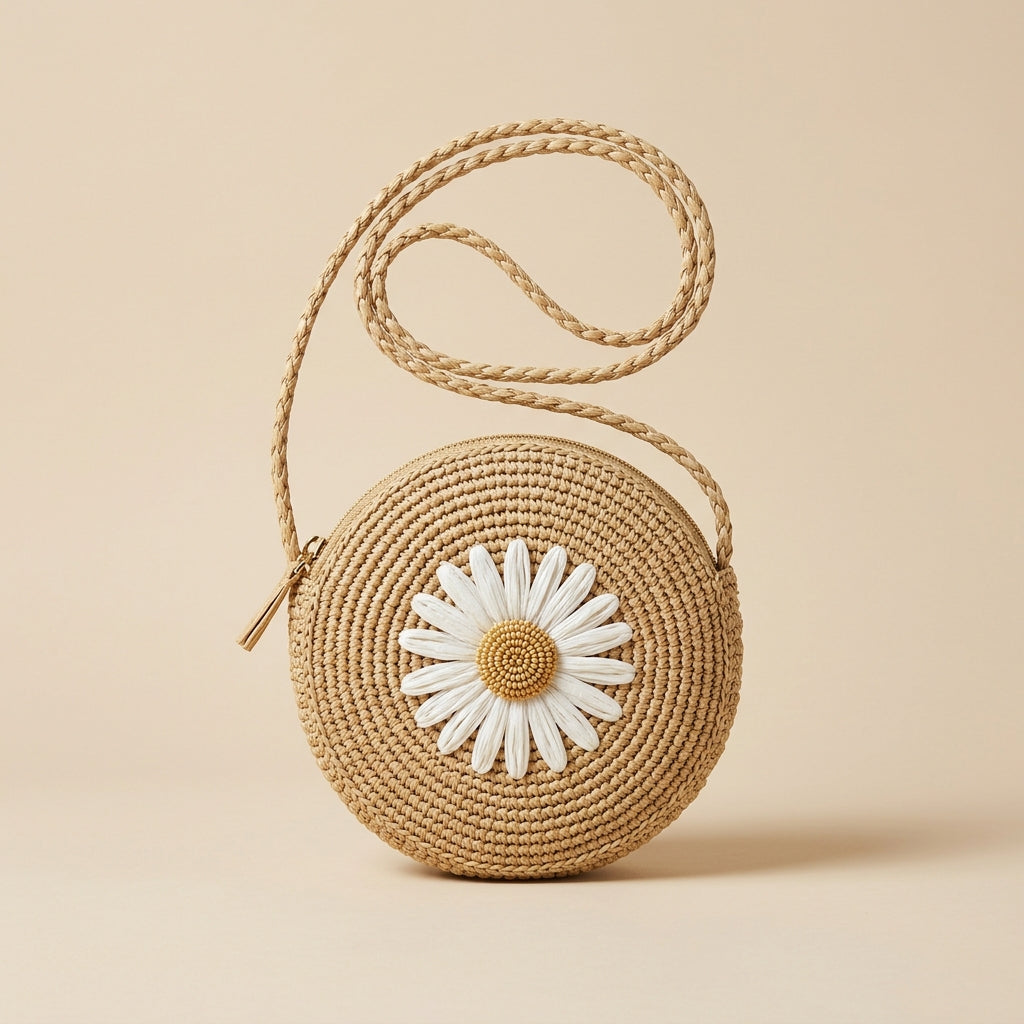 Bolso Redondo de Rafia con Flor - Lola