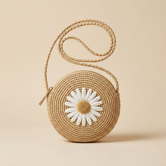 Bolso Redondo de Rafia con Flor - Lola