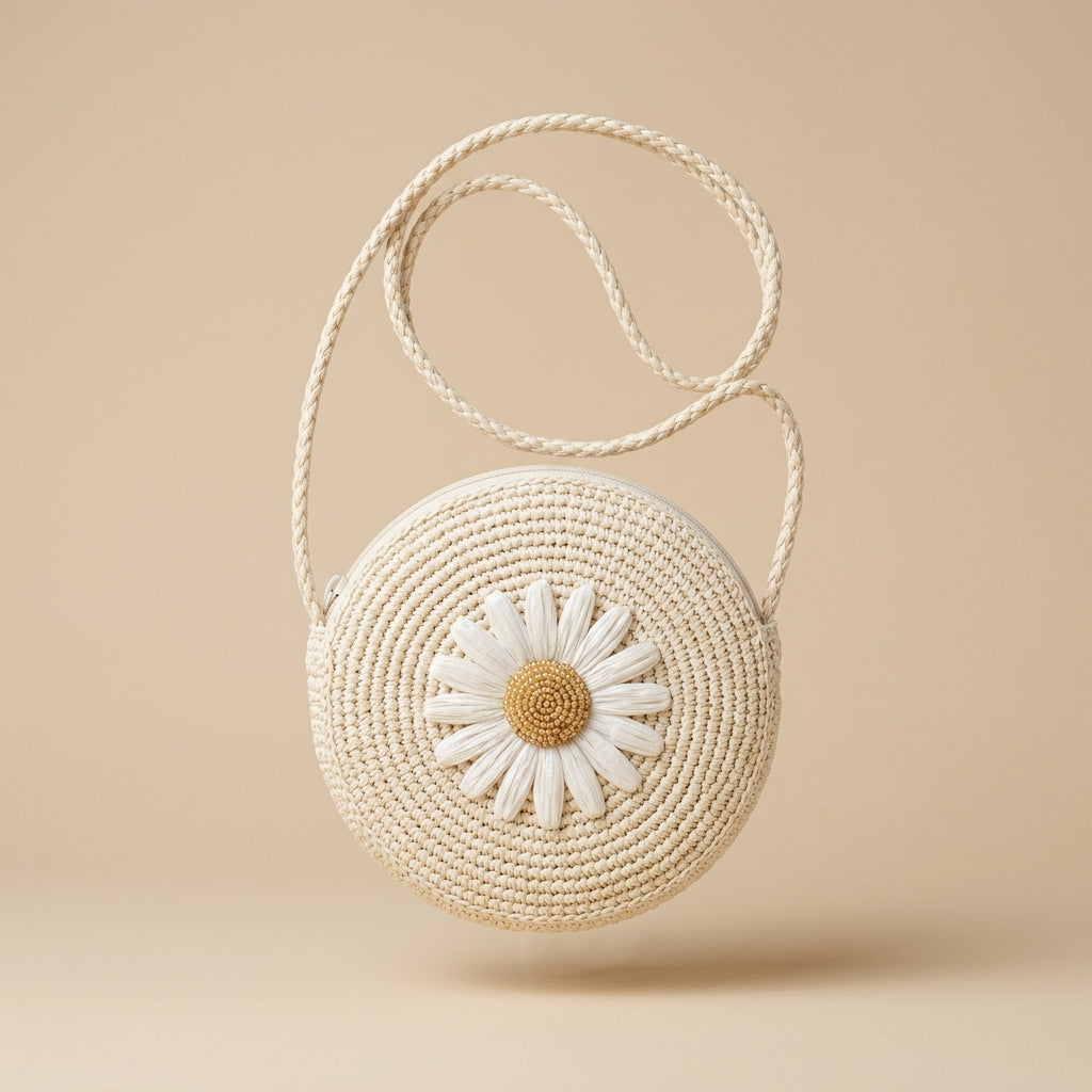 Bolso Redondo de Rafia con Flor - Lola