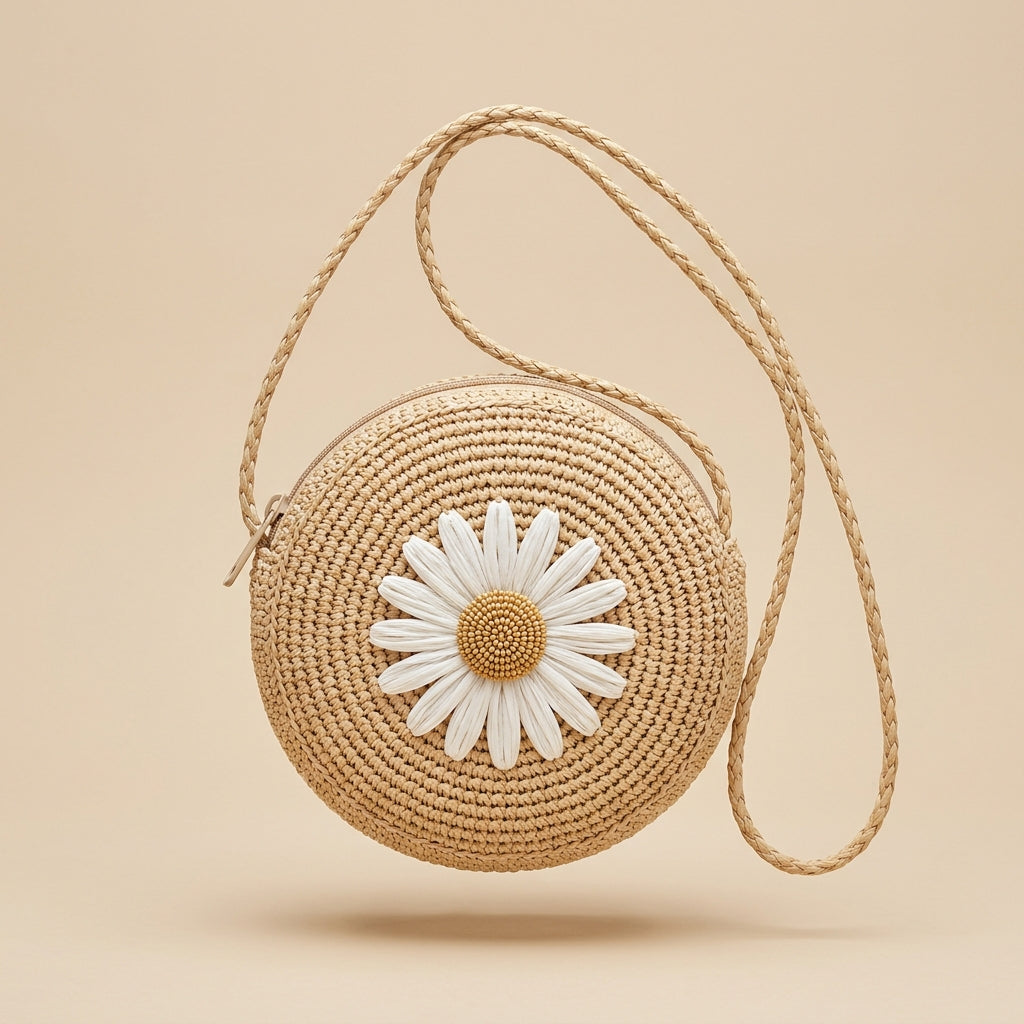 Bolso Redondo de Rafia con Flor - Lola