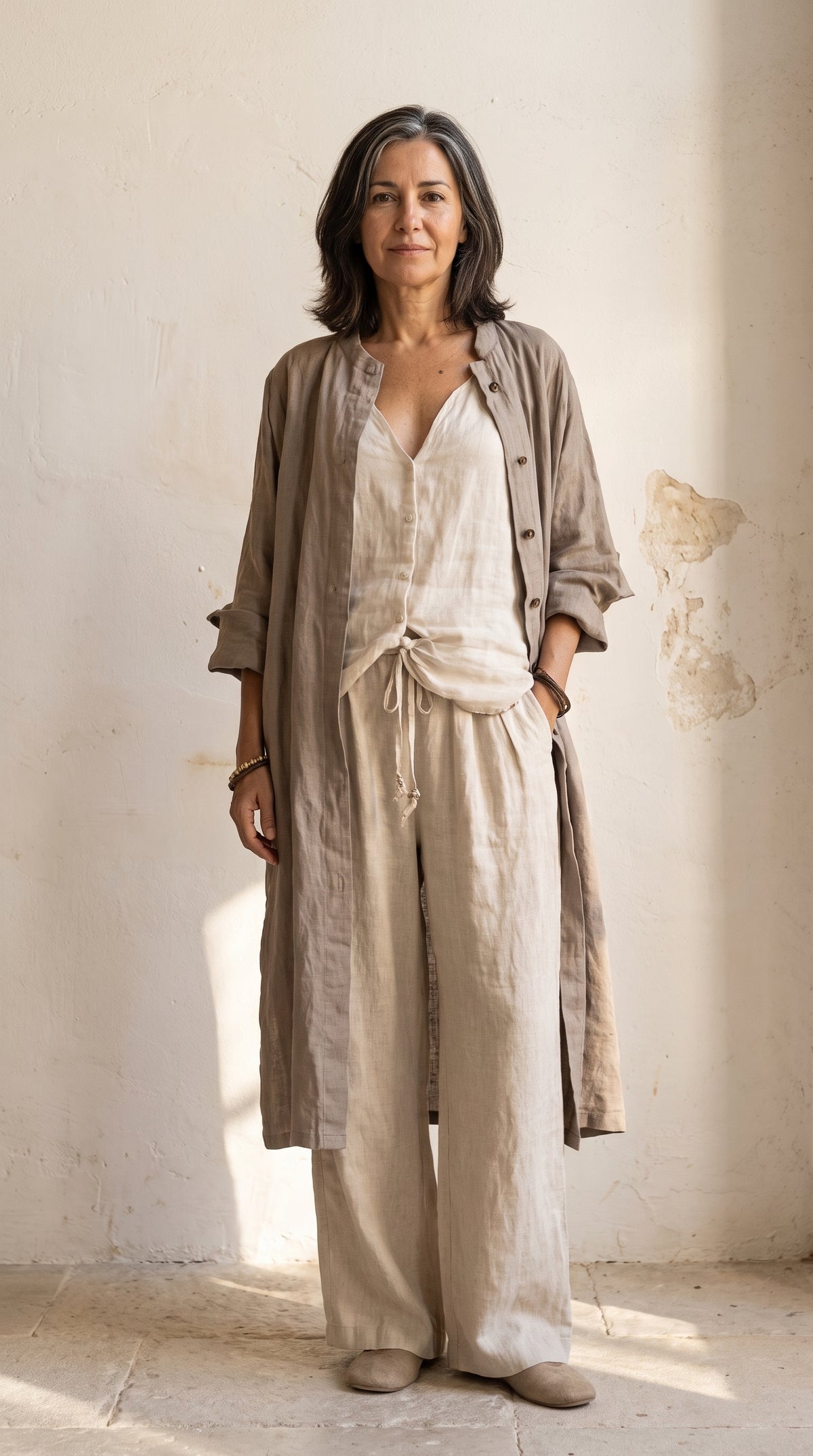 Conjunto Patricia en caqui: chaqueta larga de lino, blusa lisa y pantalón ancho, de la S a la 3XL