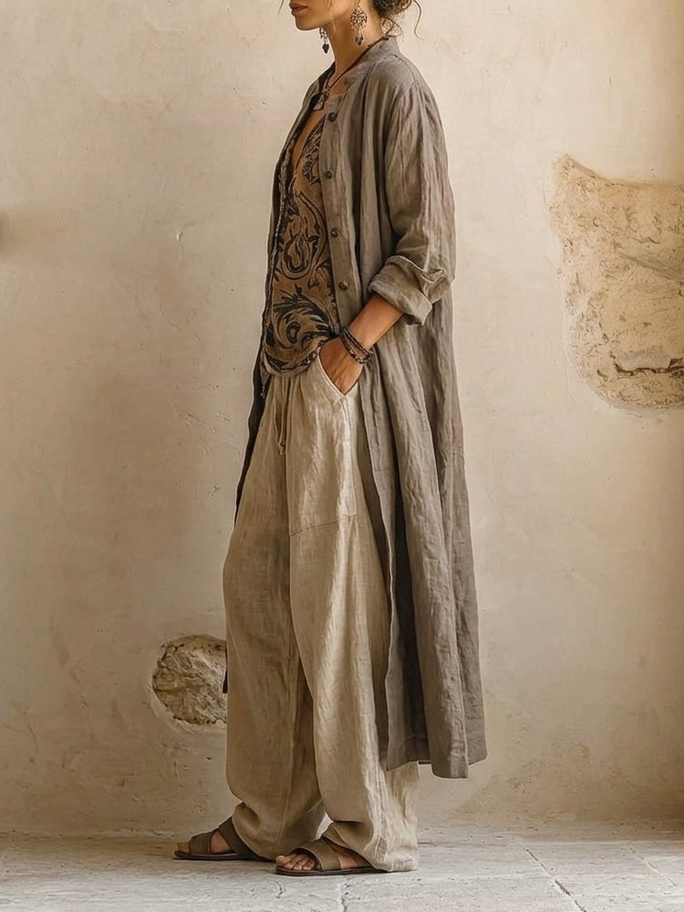 Detalle del conjunto Patricia de tres piezas en lino y algodón
